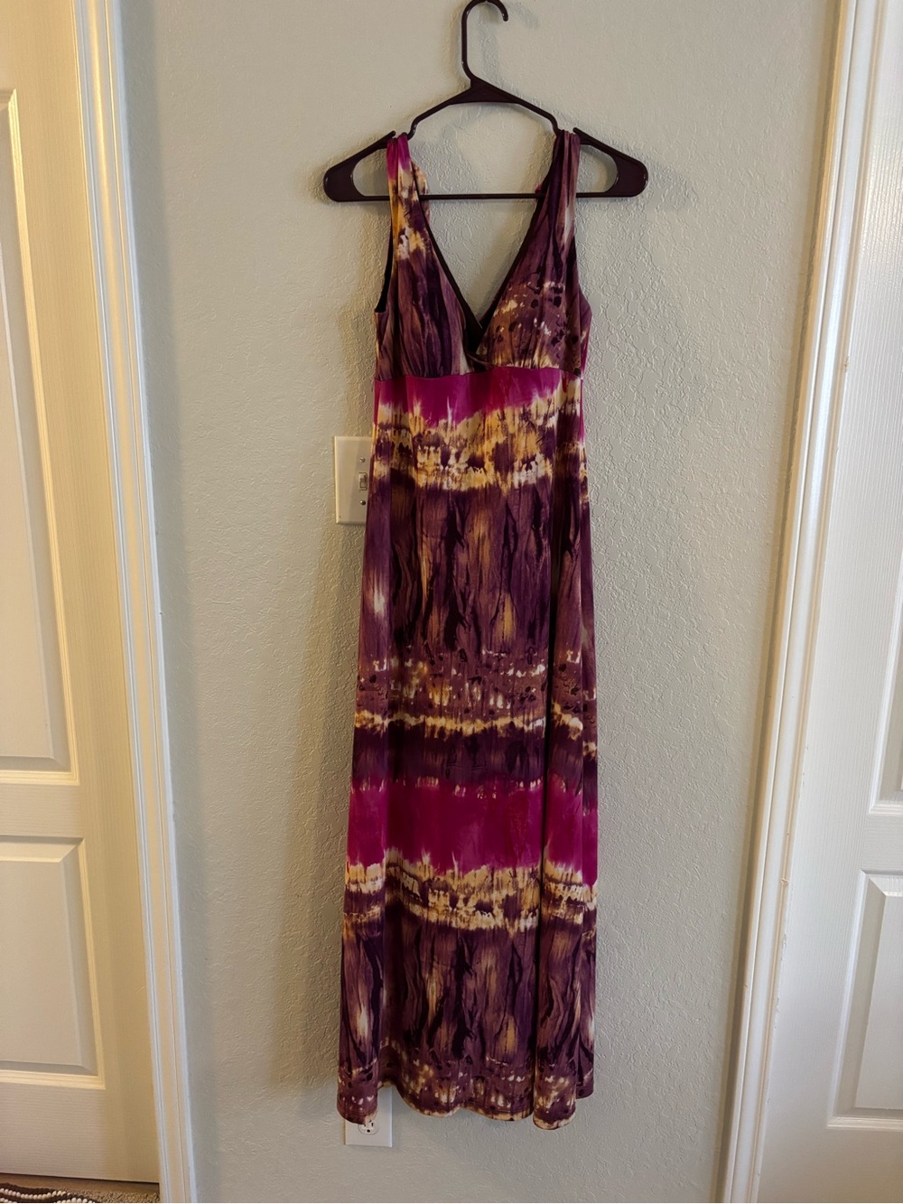 BCX V-Neck Tie-Dye Maxi Dress in Purple, Pink and Gold